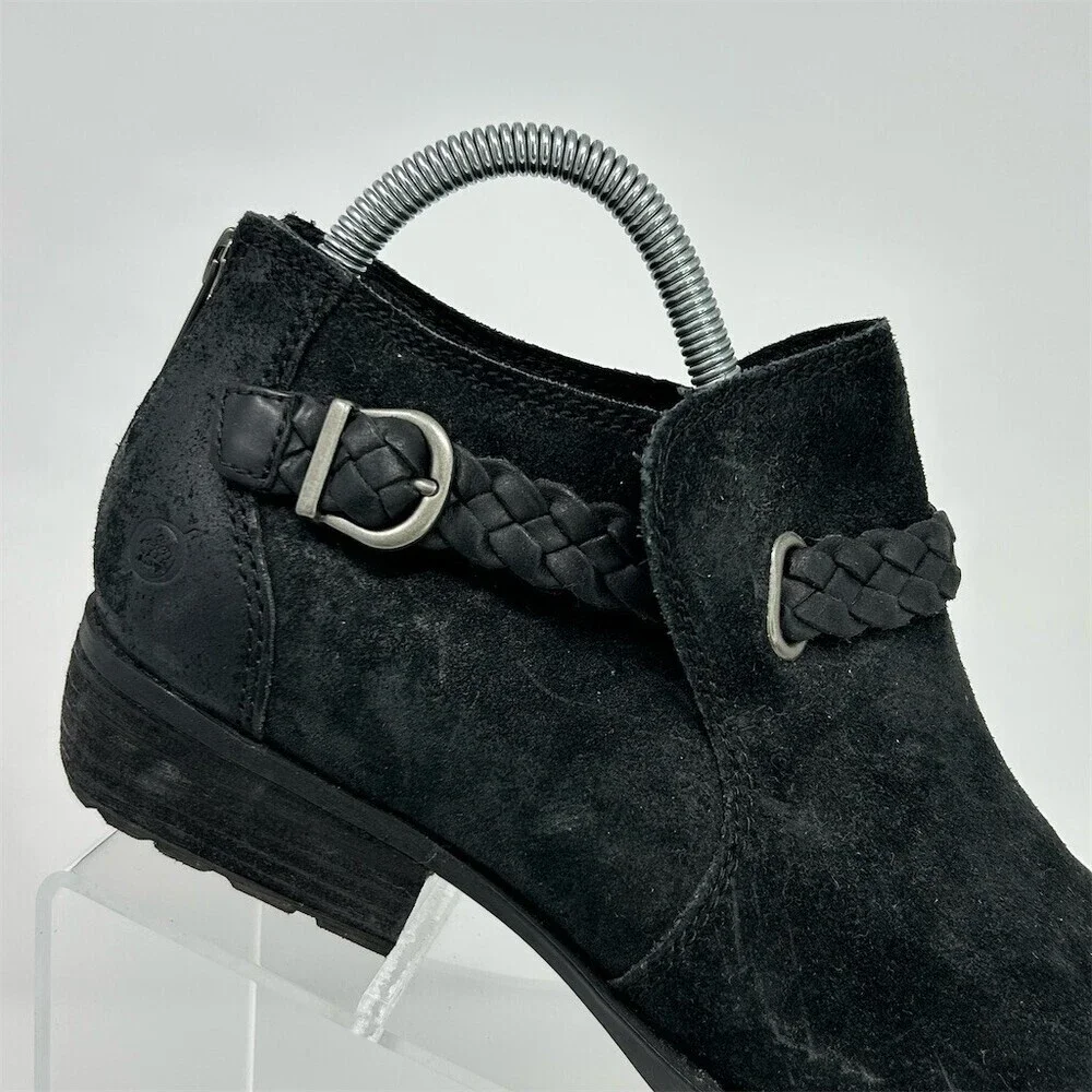 Born Sylvia Ankle Heeled Booties Black Braided Strap Buckle Back Zip Size 8